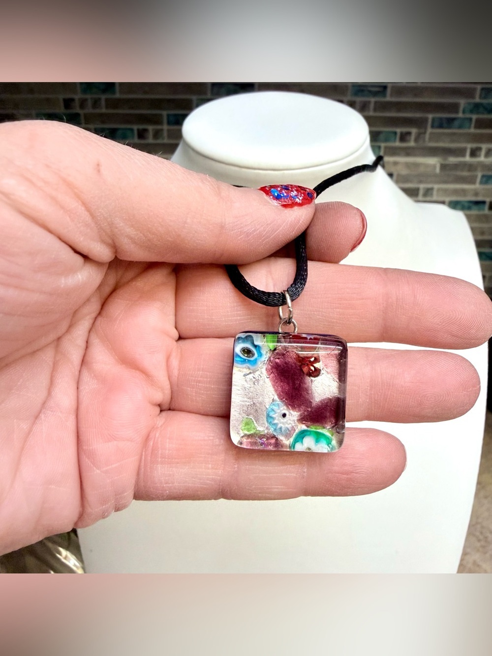 Murano signed square blue glass pendant necklace